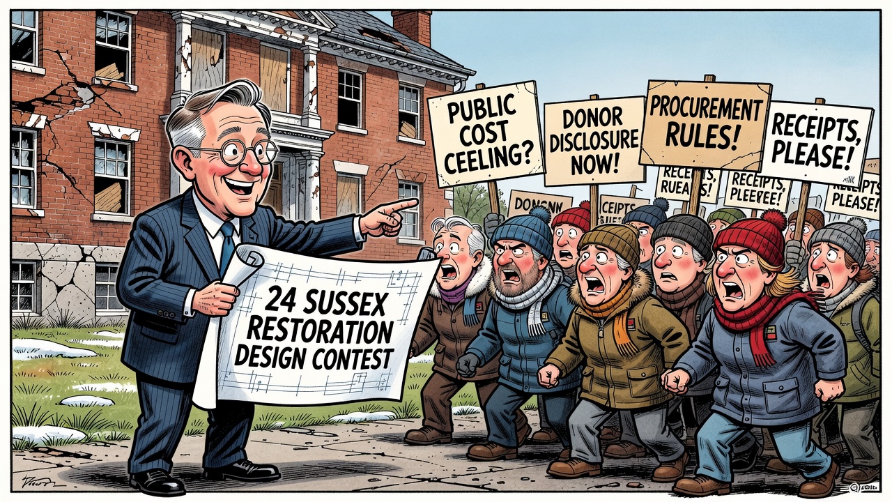 Editorial cartoon showing Mark Carney launching a 24 Sussex restoration contest while taxpayers demand cost ceilings, donor disclosure and procurement receipts