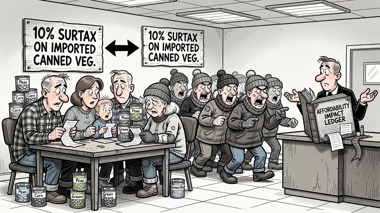 Editorial cartoon showing Ottawa adding a 10 percent surtax to canned vegetables while families compare grocery receipts and demand an affordability impact ledger