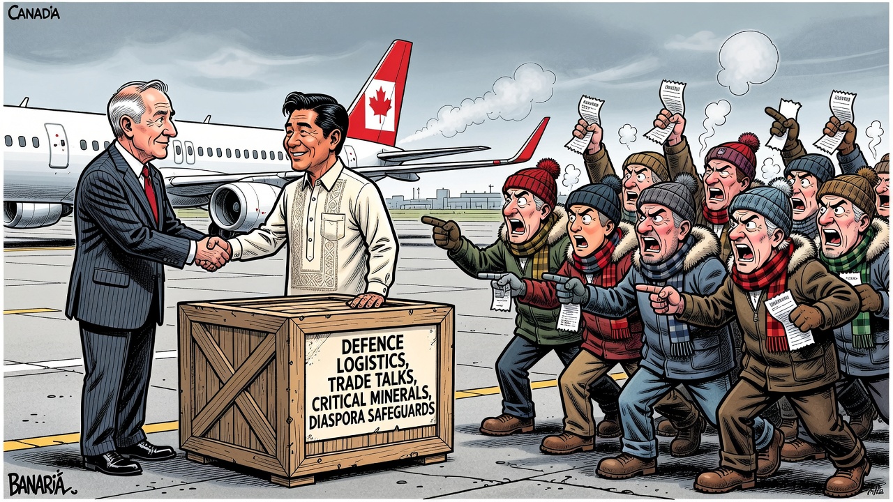 Editorial cartoon showing Prime Minister Mark Carney welcoming Philippine President Ferdinand Marcos Jr. while taxpayers ask for trade defence critical-mineral and diaspora-safety receipts