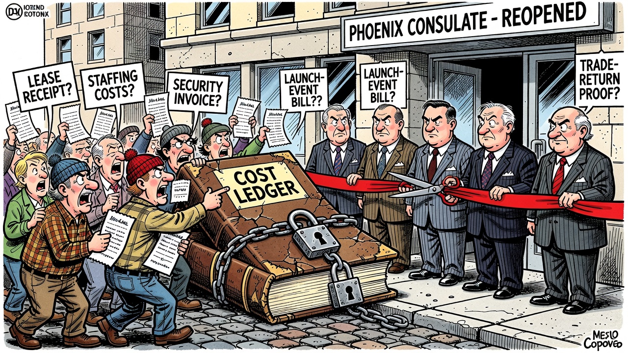 Editorial cartoon showing Canada reopening the Phoenix consulate while taxpayers ask for lease, staffing, security and trade-return receipts