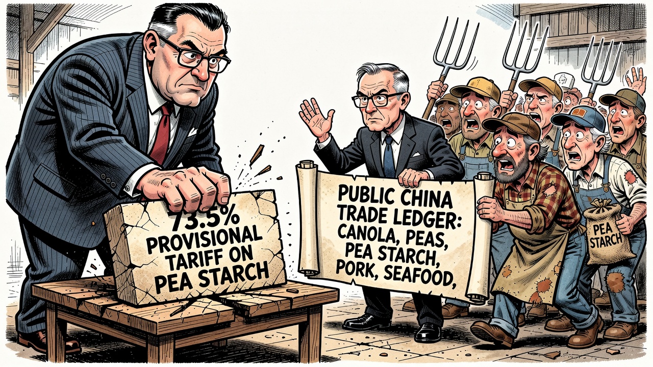Editorial cartoon showing China imposing a 73.5 percent tariff on Canadian pea starch while farmers ask Ottawa for a China trade ledger