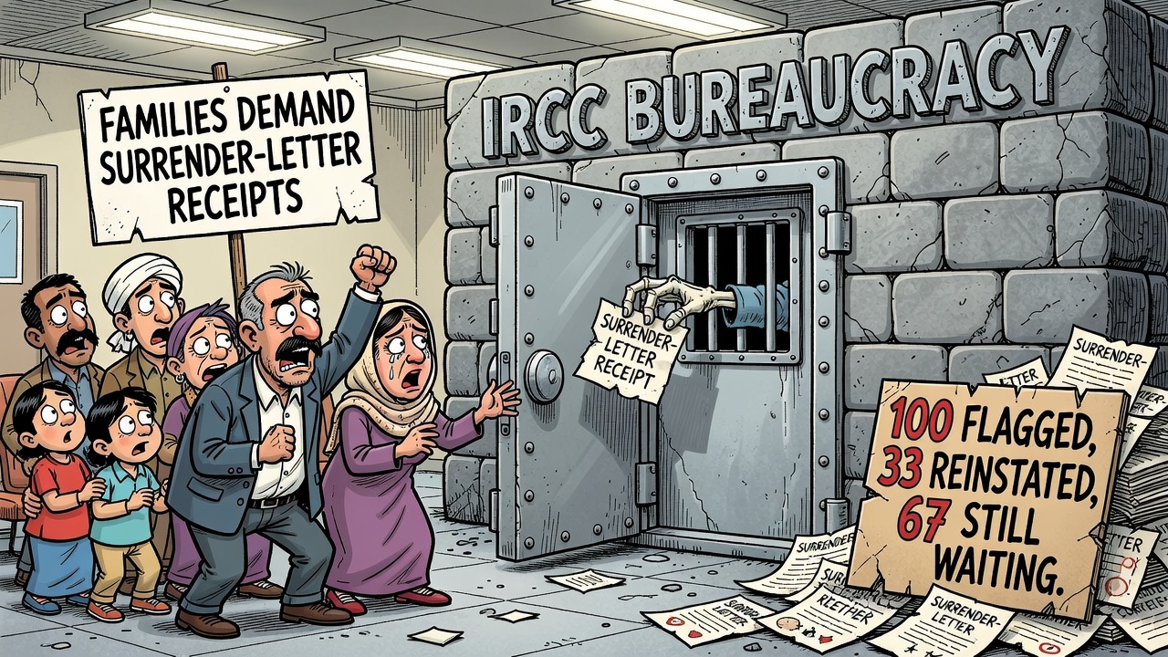 Editorial cartoon showing IRCC citizenship certificates under review while affected families ask for surrender-letter receipts