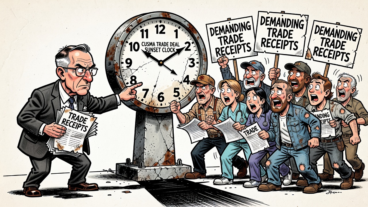 Editorial cartoon showing a CUSMA sunset clock over Canadian auto, steel and farm workers while Mark Carney is asked for trade receipts