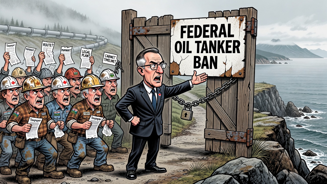 Editorial cartoon showing Mark Carney promising new pipelines beside a locked oil tanker ban gate on the B.C. coast while workers and taxpayers demand route and timeline receipts