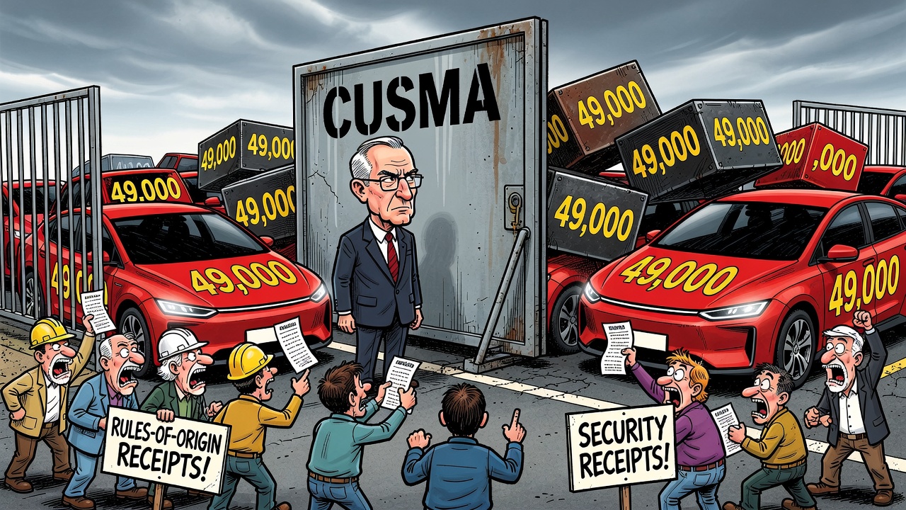 Editorial cartoon showing Mark Carney beside a CUSMA border gate while Chinese EVs and investment boxes try to pass through Canada into the United States as workers demand trade-security receipts