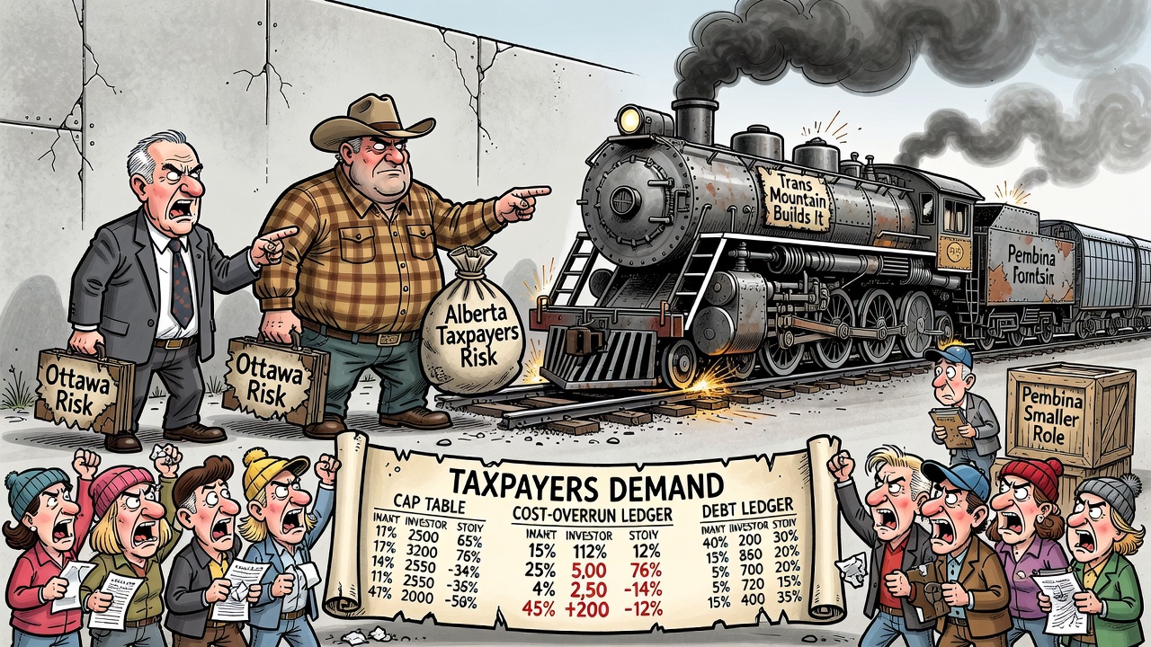 Editorial cartoon showing Mark Carney and Alberta beside a west coast pipeline ledger while taxpayers ask for the cap table, debt, cost-overrun and exit-plan receipts