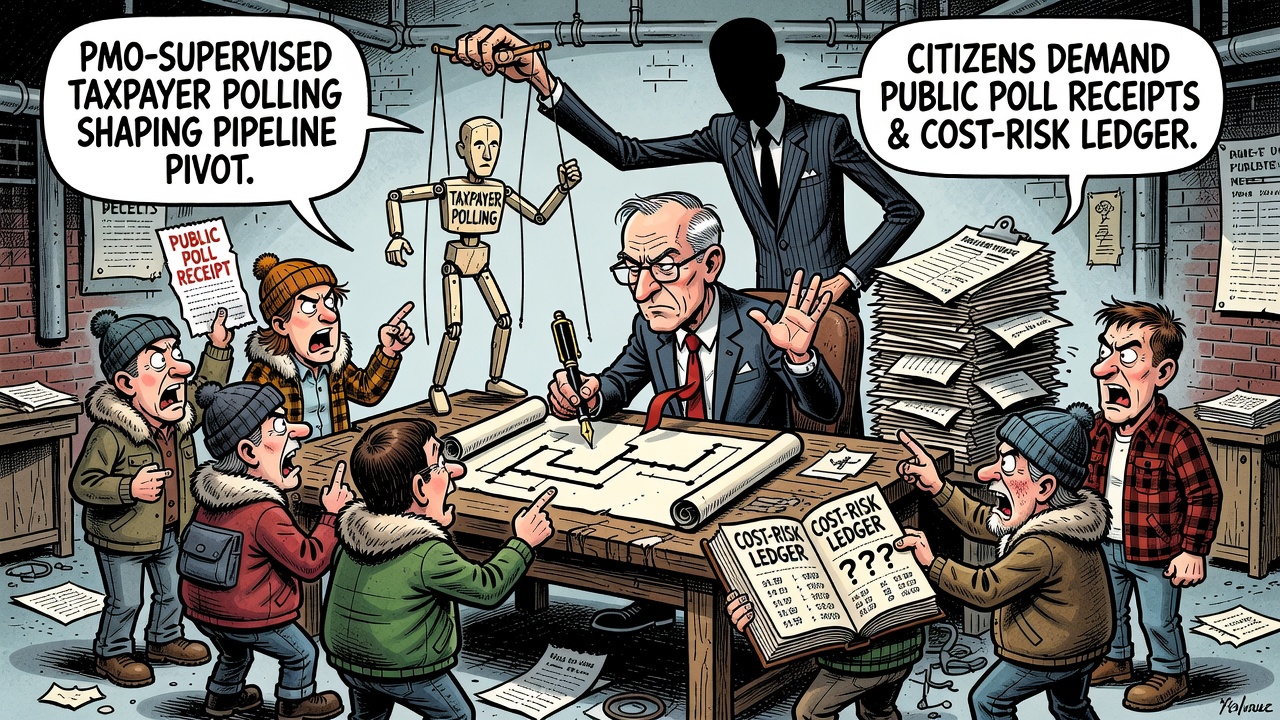 Editorial cartoon showing Mark Carney using PMO-supervised taxpayer polling to steer a pipeline pivot while citizens demand public poll receipts and a taxpayer-risk ledger