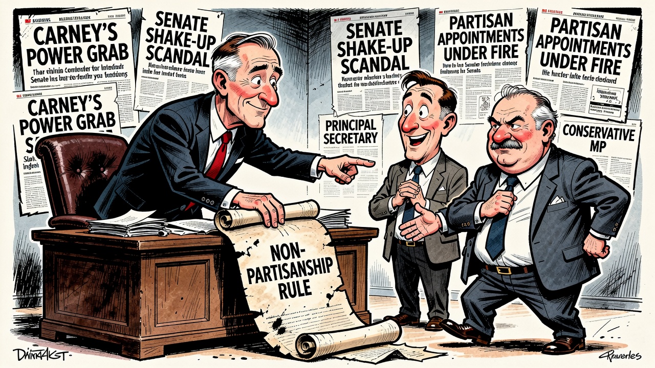 Editorial cartoon showing Mark Carney removing a Senate non-partisanship firewall while appointing his principal secretary and an opposition MP