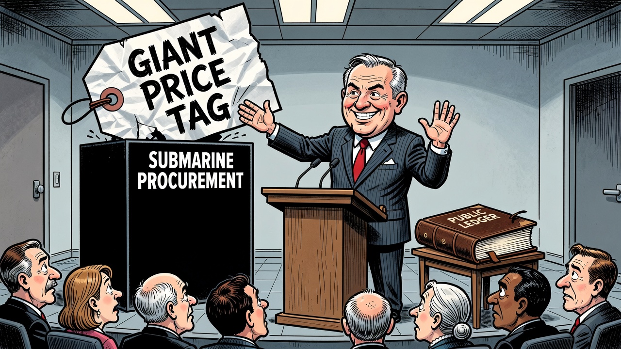 Editorial cartoon showing Mark Carney unveiling submarines while hiding a giant price tag and procurement ledger from taxpayers