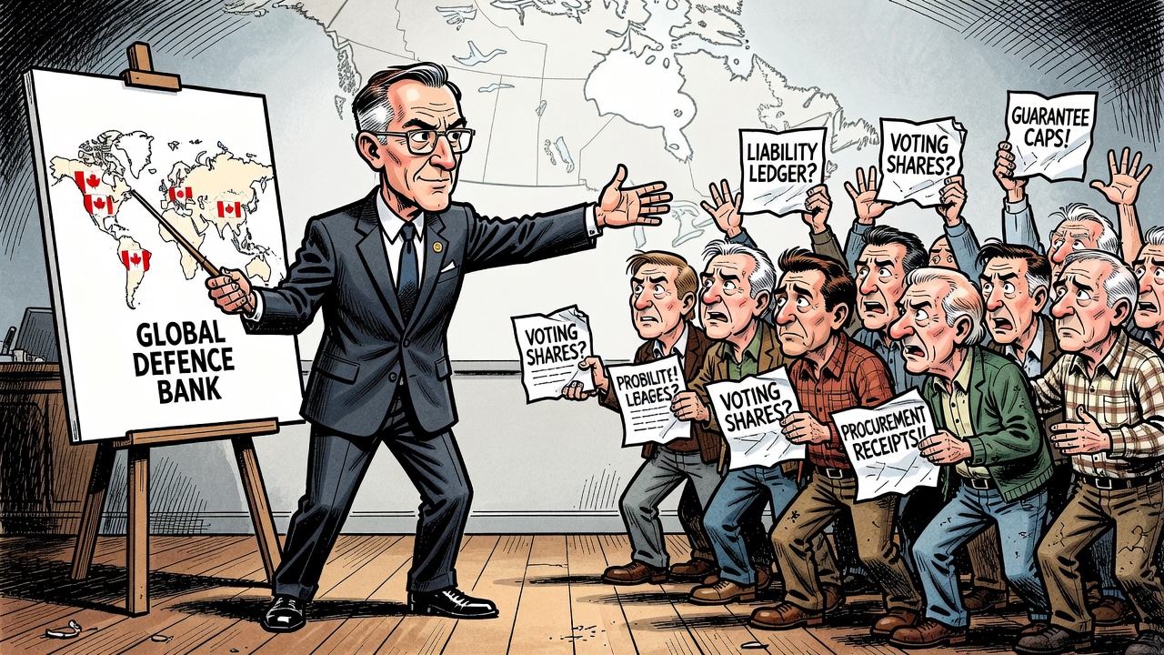 Editorial cartoon showing Mark Carney pitching a global defence bank while taxpayers demand the liability ledger