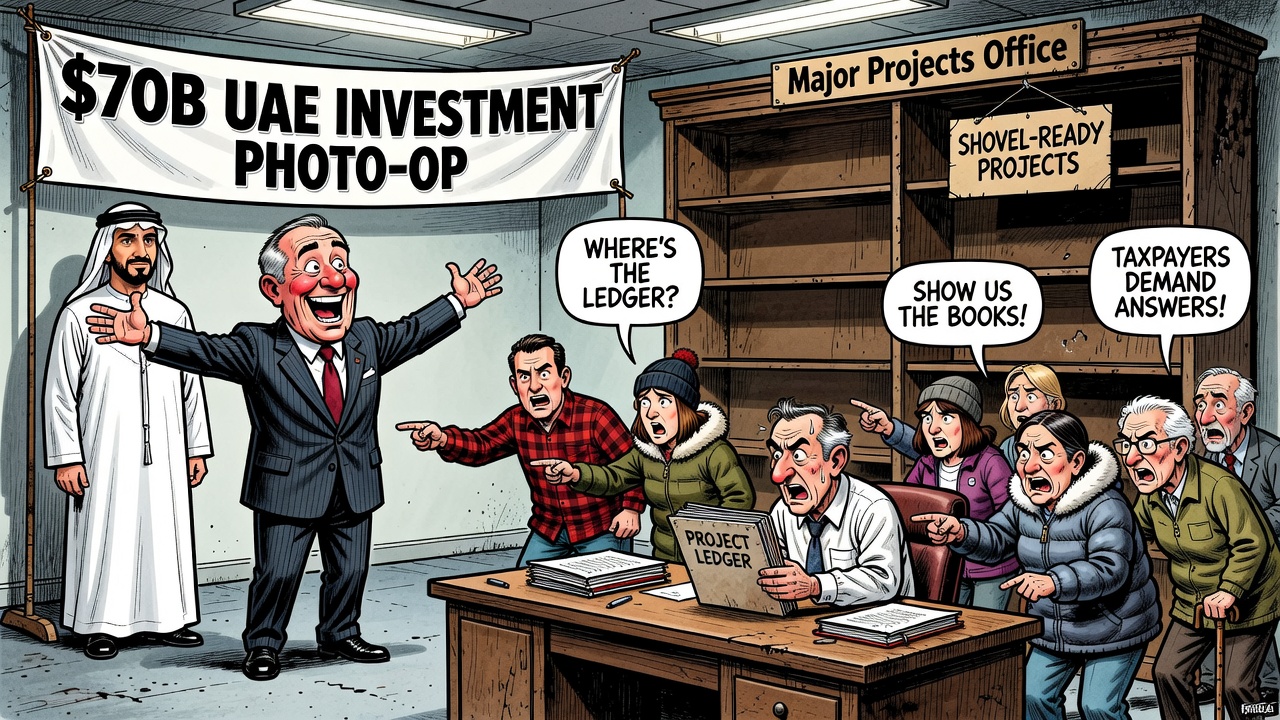 Editorial cartoon showing Mark Carney celebrating a $70B UAE investment photo-op while taxpayers demand the project ledger