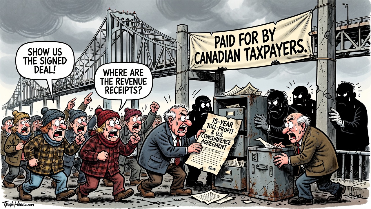 Editorial cartoon showing Canadian taxpayers demanding the signed Gordie Howe Bridge toll deal and 15-year revenue receipts