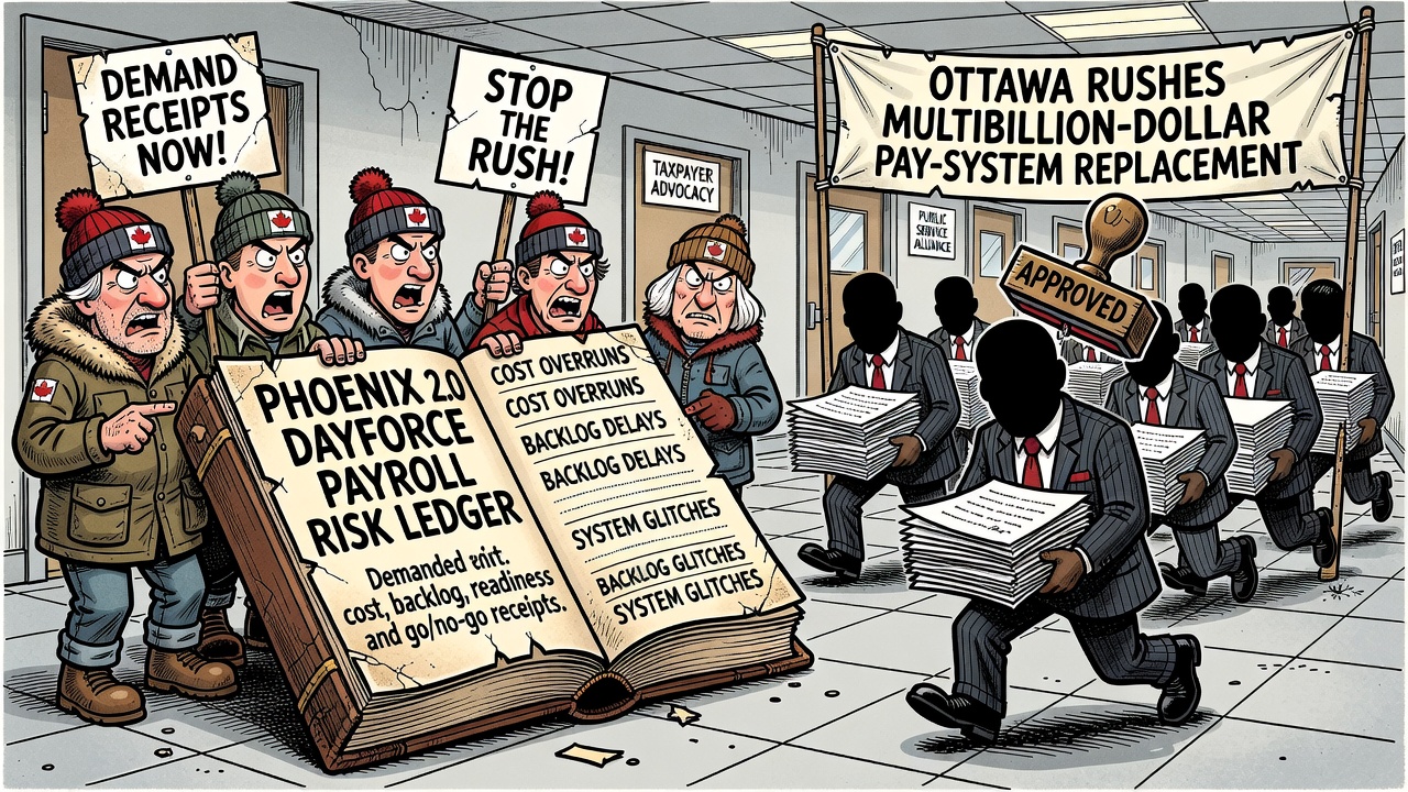 Editorial cartoon showing taxpayers and public servants demanding a Dayforce payroll risk ledger before Ottawa replaces Phoenix