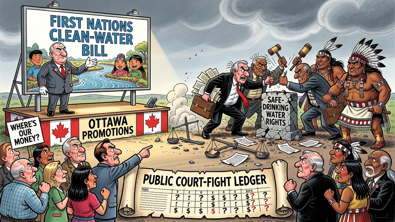 Editorial cartoon showing Ottawa promoting a First Nations clean-water bill while government lawyers fight safe-drinking-water rights in court