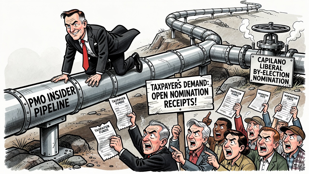 Editorial cartoon showing a PMO insider pipeline feeding a Liberal by-election ballot while taxpayers demand open nomination receipts