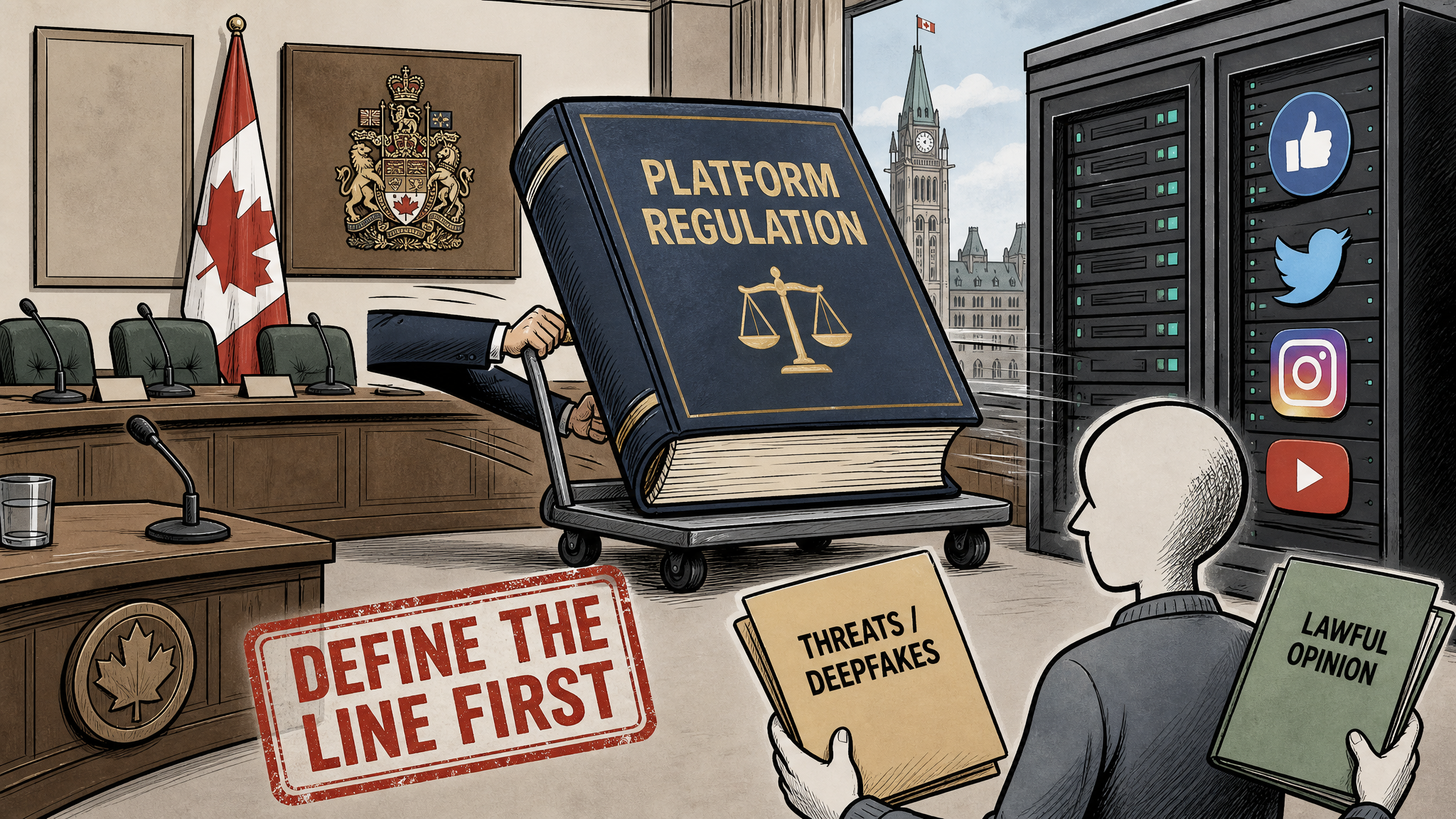Editorial cartoon showing a platform regulation rulebook while a citizen separates threats and deepfakes from lawful opinion