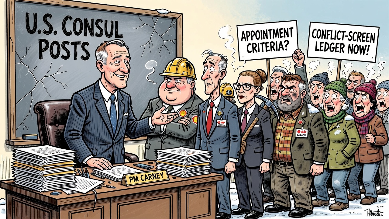 Editorial cartoon showing Carney handing U.S. consul appointments to connected insiders while taxpayers demand an appointment criteria and conflict-screen ledger
