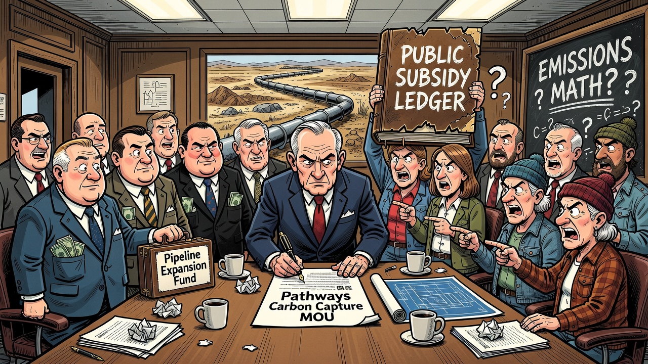 Editorial cartoon showing taxpayers demanding a subsidy and emissions ledger as government and oil companies sign a Pathways carbon-capture and pipeline agreement