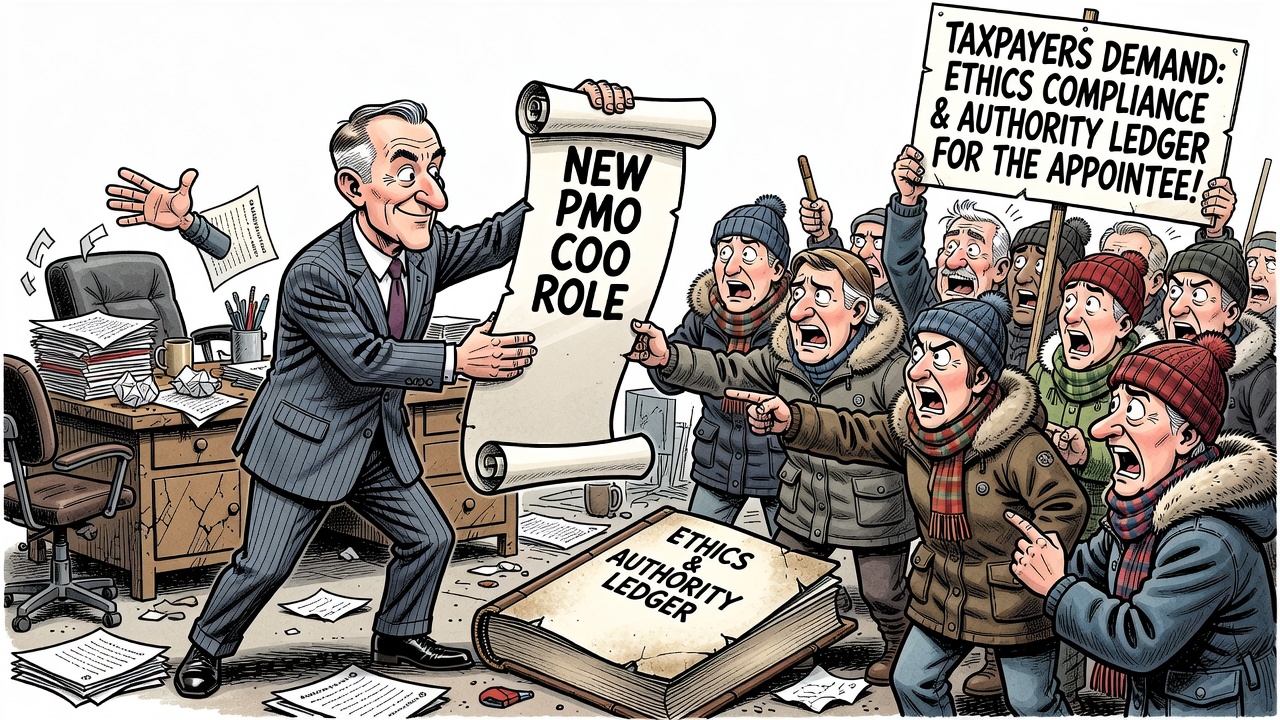 Editorial cartoon showing Mark Carney creating a PMO chief operating officer role while taxpayers demand an ethics compliance and authority ledger