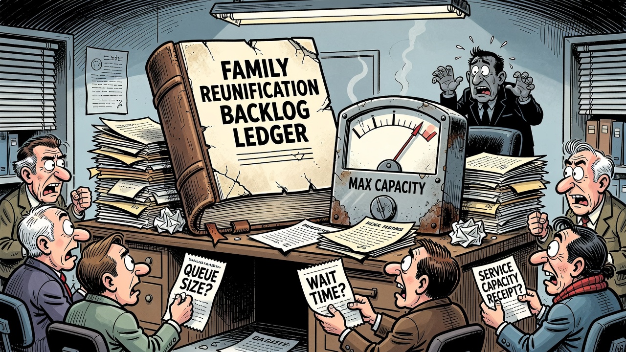 Editorial cartoon showing IRCC freezing parent and grandparent sponsorship while families and taxpayers demand a public backlog ledger