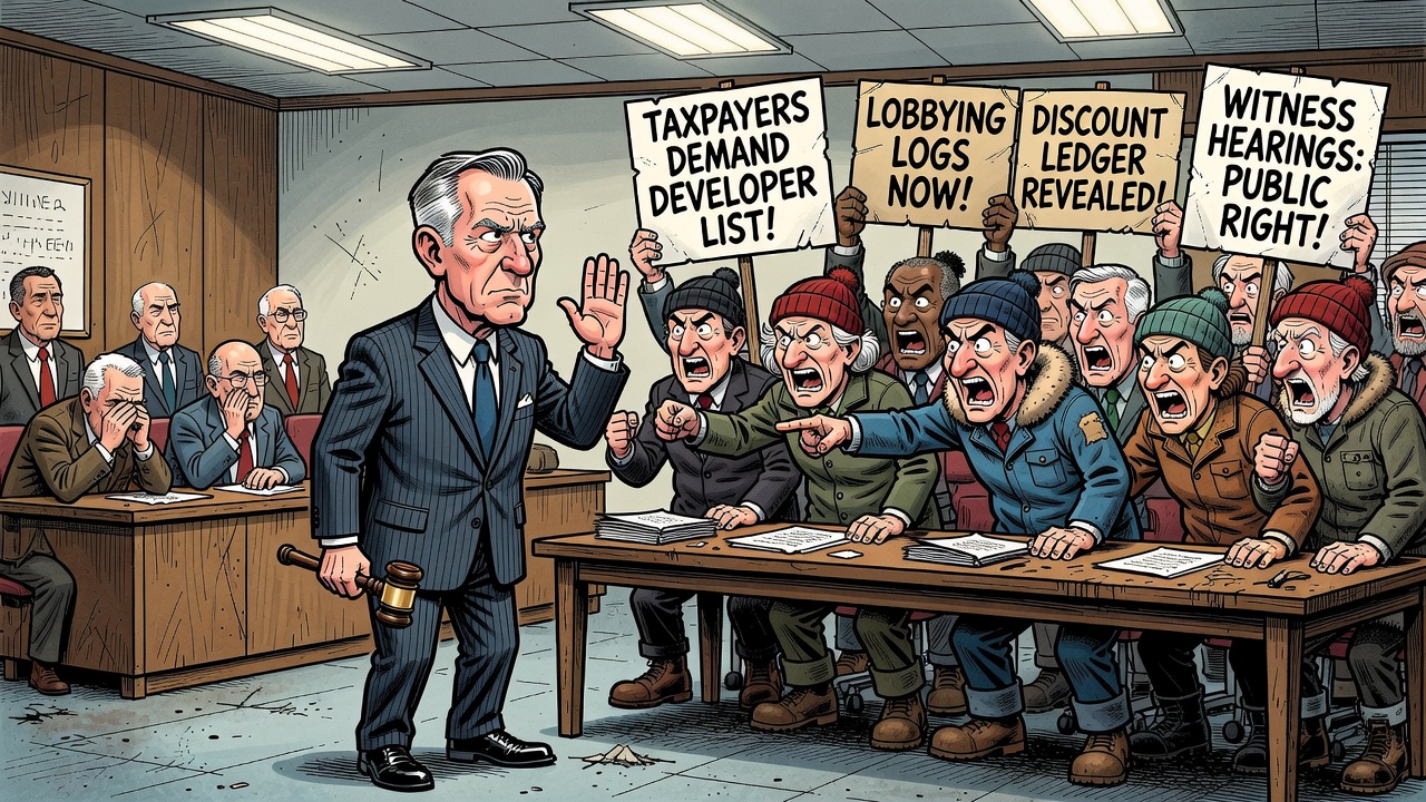 Editorial cartoon showing the B.C. vacant condo conversion plan behind a closed ethics committee door while taxpayers demand developer and lobbying receipts