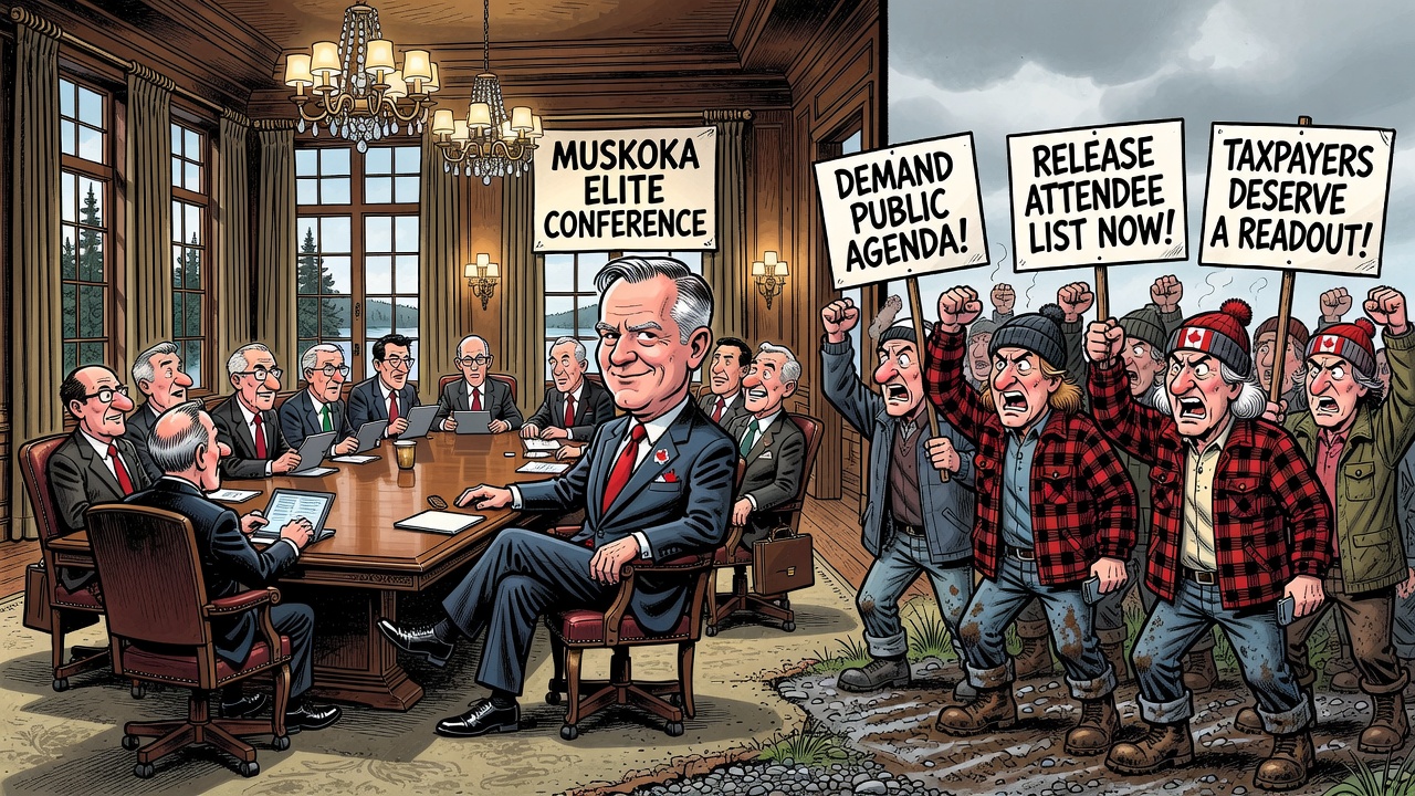Editorial cartoon showing Prime Minister Mark Carney entering a closed-door Muskoka elite conference while taxpayers demand an agenda, attendee list and public readout