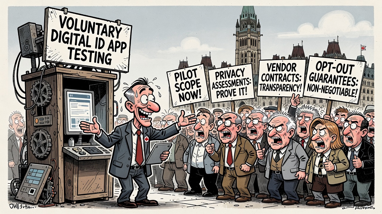 Editorial cartoon showing Ottawa testing voluntary digital ID apps while taxpayers demand pilot scope, privacy assessments, vendor contracts and opt-out guarantees