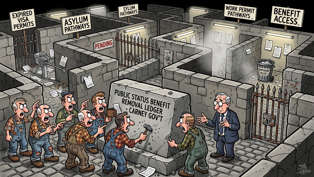 Editorial cartoon showing Ottawa's immigration status maze with expired permits, asylum pathways, benefit access and taxpayers demanding a public status benefit removal ledger