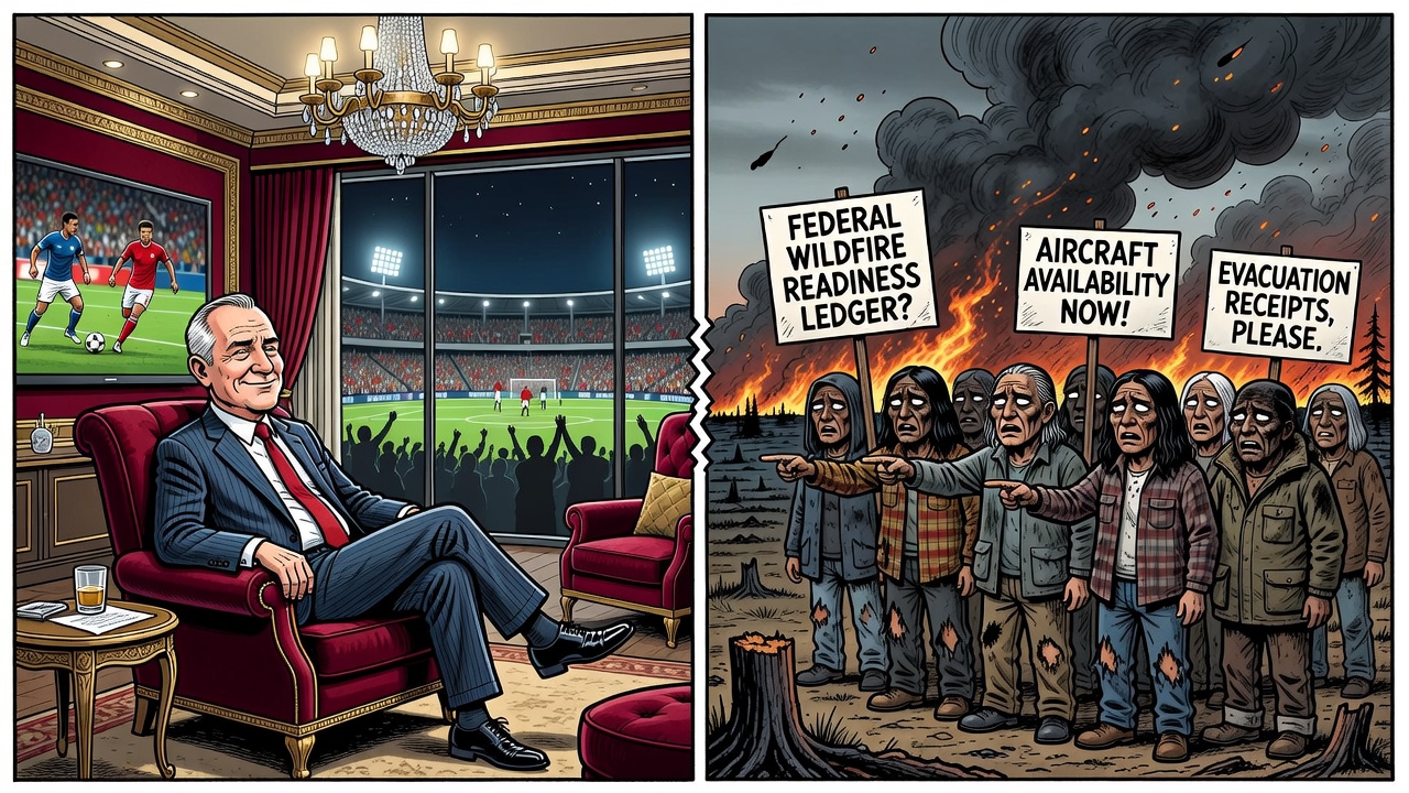 Editorial cartoon showing Prime Minister Mark Carney at a World Cup suite while northern wildfire evacuees ask for a federal readiness ledger
