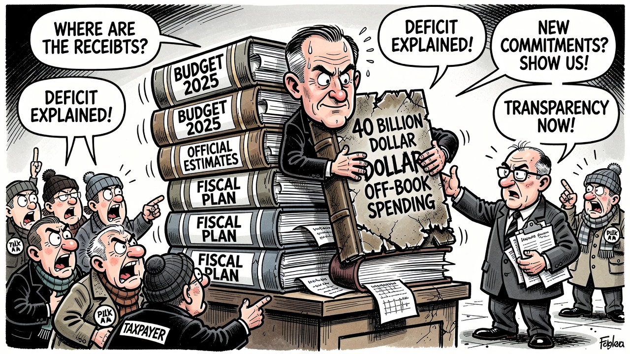 Editorial cartoon showing Prime Minister Mark Carney hiding a 40 billion dollar off-book spending ledger while taxpayers and the Parliamentary Budget Officer demand receipts