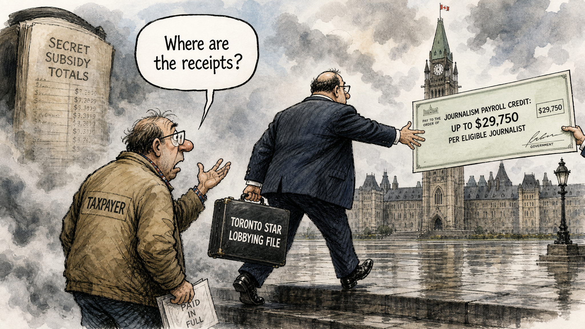 Editorial cartoon showing a media executive reaching for a journalism payroll credit cheque while a taxpayer asks for a secret subsidy ledger