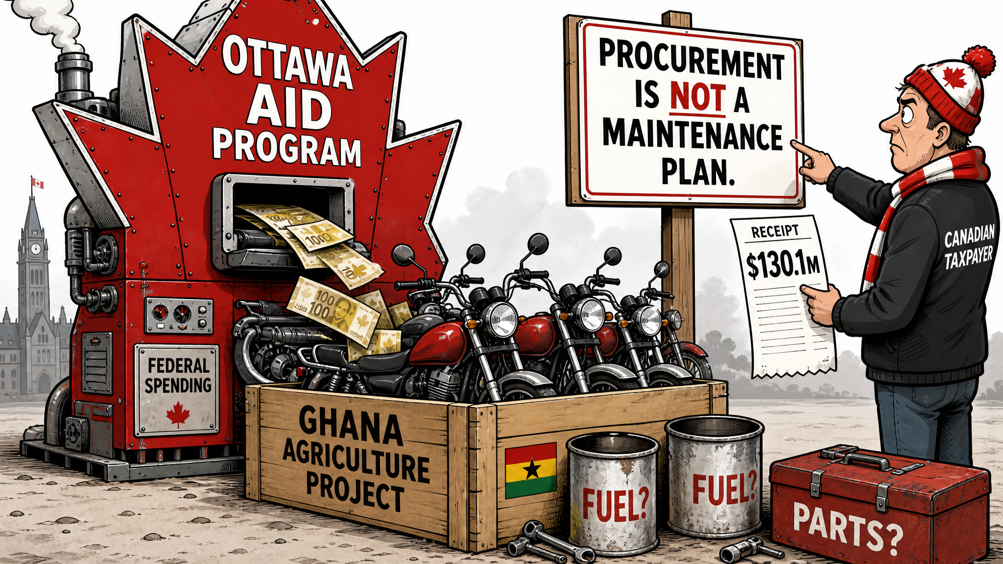 Editorial cartoon showing Canadian foreign aid funding Ghana motorbikes while a taxpayer asks for fuel and parts receipts