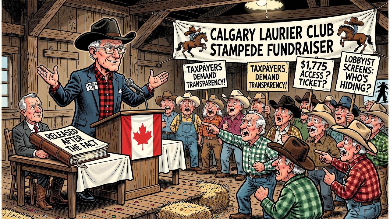 Editorial cartoon showing Mark Carney at a Calgary Laurier Club Stampede fundraiser, a $1,775 access ticket and taxpayers demanding an attendee ledger and lobbyist screens