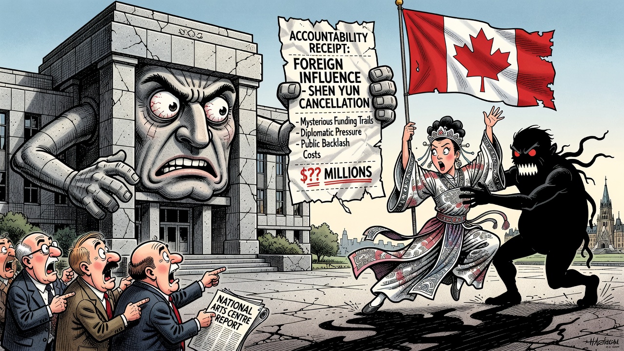 Editorial cartoon showing the National Arts Centre cancelling Shen Yun while Canadian taxpayers demand a diplomatic-contact and venue-decision ledger