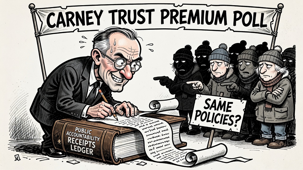 Editorial cartoon showing Mark Carney standing on a trust premium poll podium while taxpayers demand public ledgers for immigration, housing, energy, defence and trade concessions