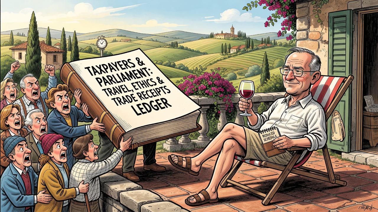 Editorial cartoon showing Mark Carney in Tuscany on a reduced schedule while taxpayers and Parliament demand travel, ethics and Canada-U.S. trade receipts