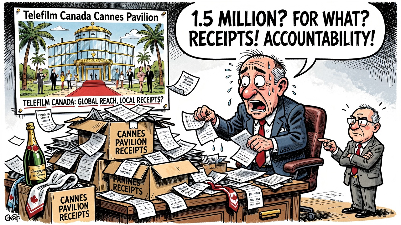 Editorial cartoon showing a Telefilm Canada Cannes pavilion with a $1.5 million receipt while taxpayers ask for contract, hospitality and results ledgers