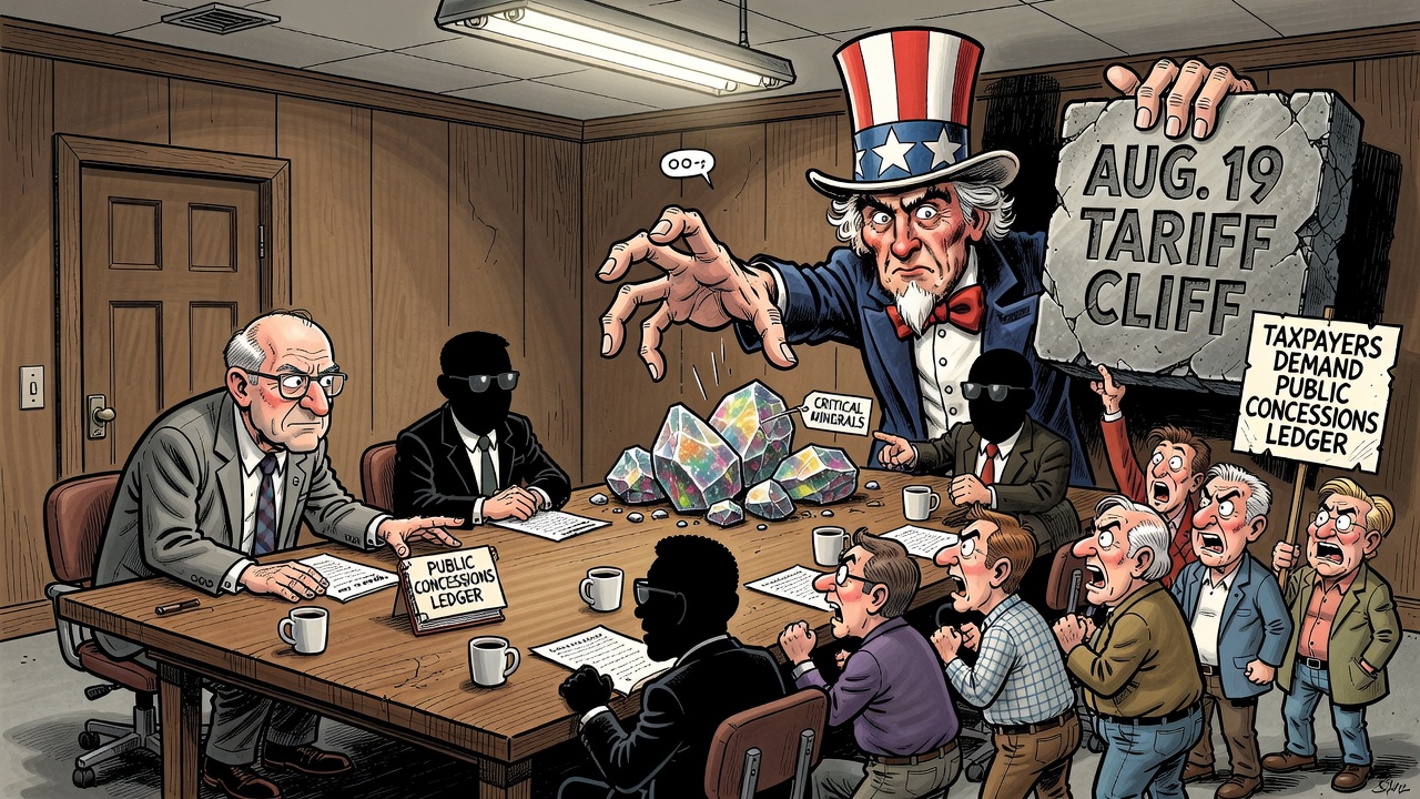 Editorial cartoon showing closed-door Canada-U.S. tariff talks with Uncle Sam reaching for Canadian critical minerals while taxpayers demand a public concessions ledger