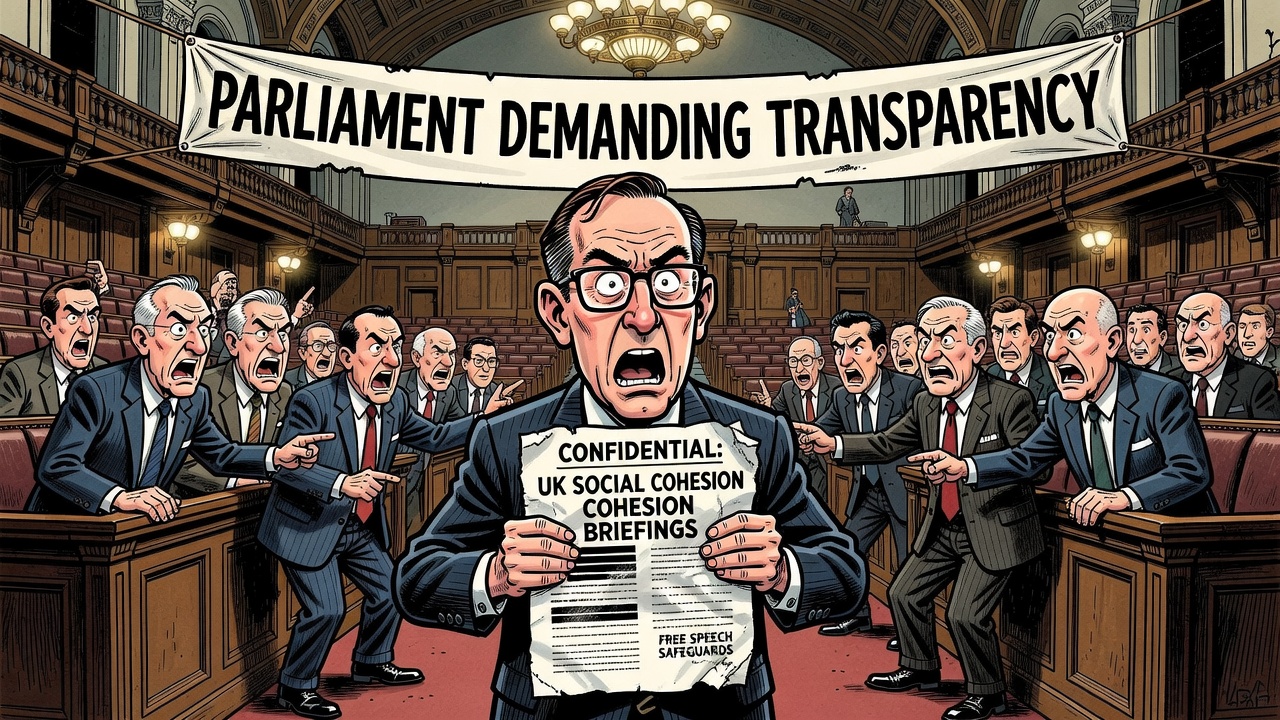 Editorial cartoon showing Marc Miller beside a redacted UK social-cohesion briefing memo while Parliament demands transparency and free-speech safeguards