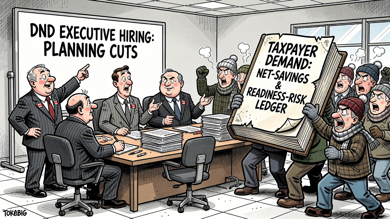 Editorial cartoon showing DND executives cutting job positions while taxpayers ask for a net-savings and readiness-risk ledger