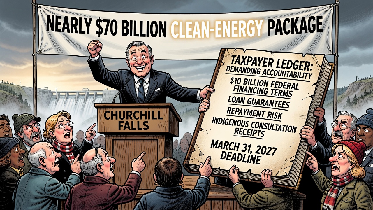Editorial cartoon showing Carney celebrating Churchill Falls while taxpayers demand a $10B federal-financing and loan-guarantee ledger