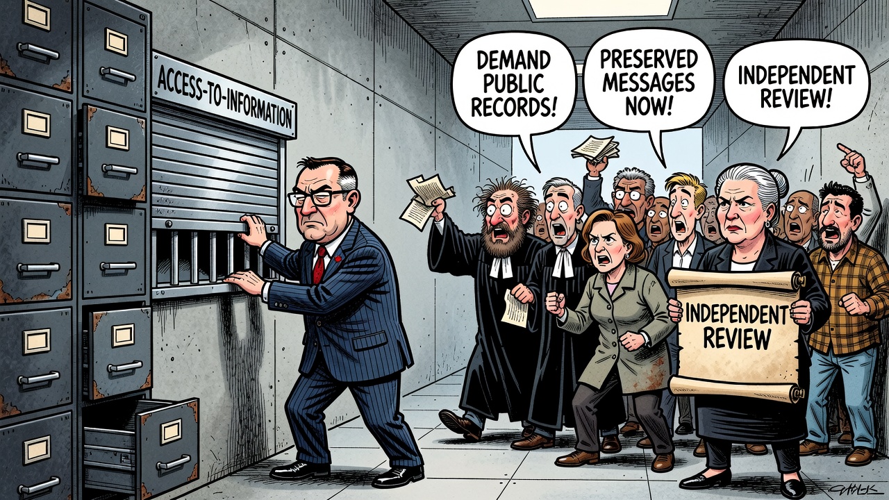 Editorial cartoon showing Ottawa narrowing an access-to-information receipt window while citizens and the Information Commissioner demand public records