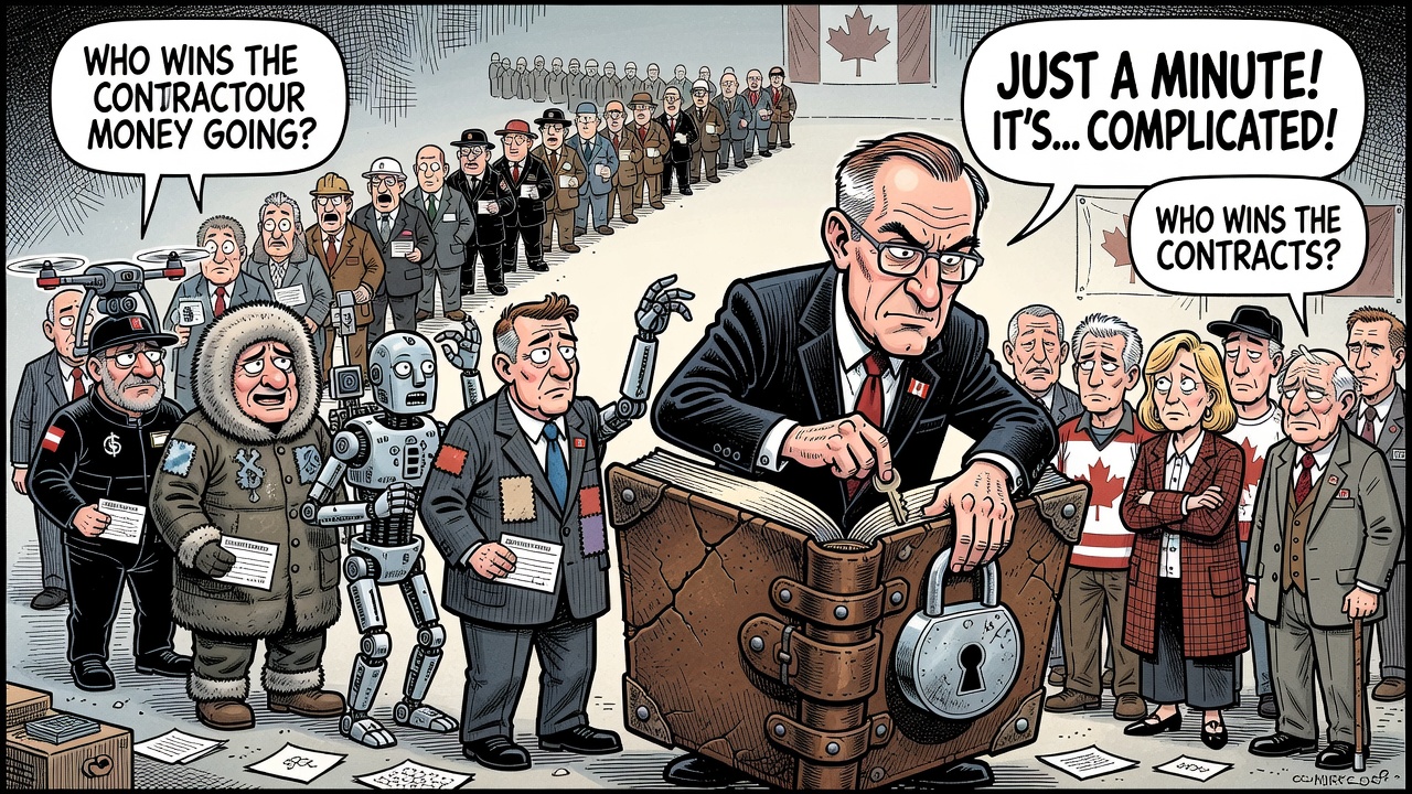 Editorial cartoon showing a locked defence procurement winners ledger while Canadian defence contractors line up for taxpayer cheques