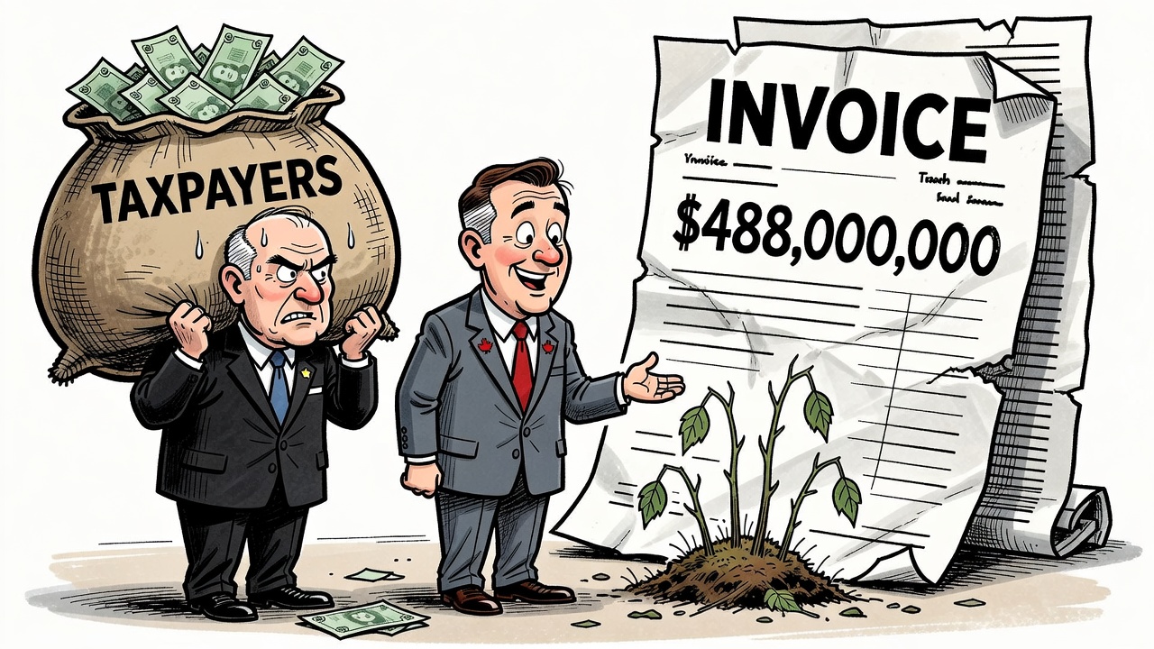 Editorial cartoon showing a huge taxpayer invoice beside a tiny pile of saplings labelled Two Billion Trees while officials count paperwork instead of trees.