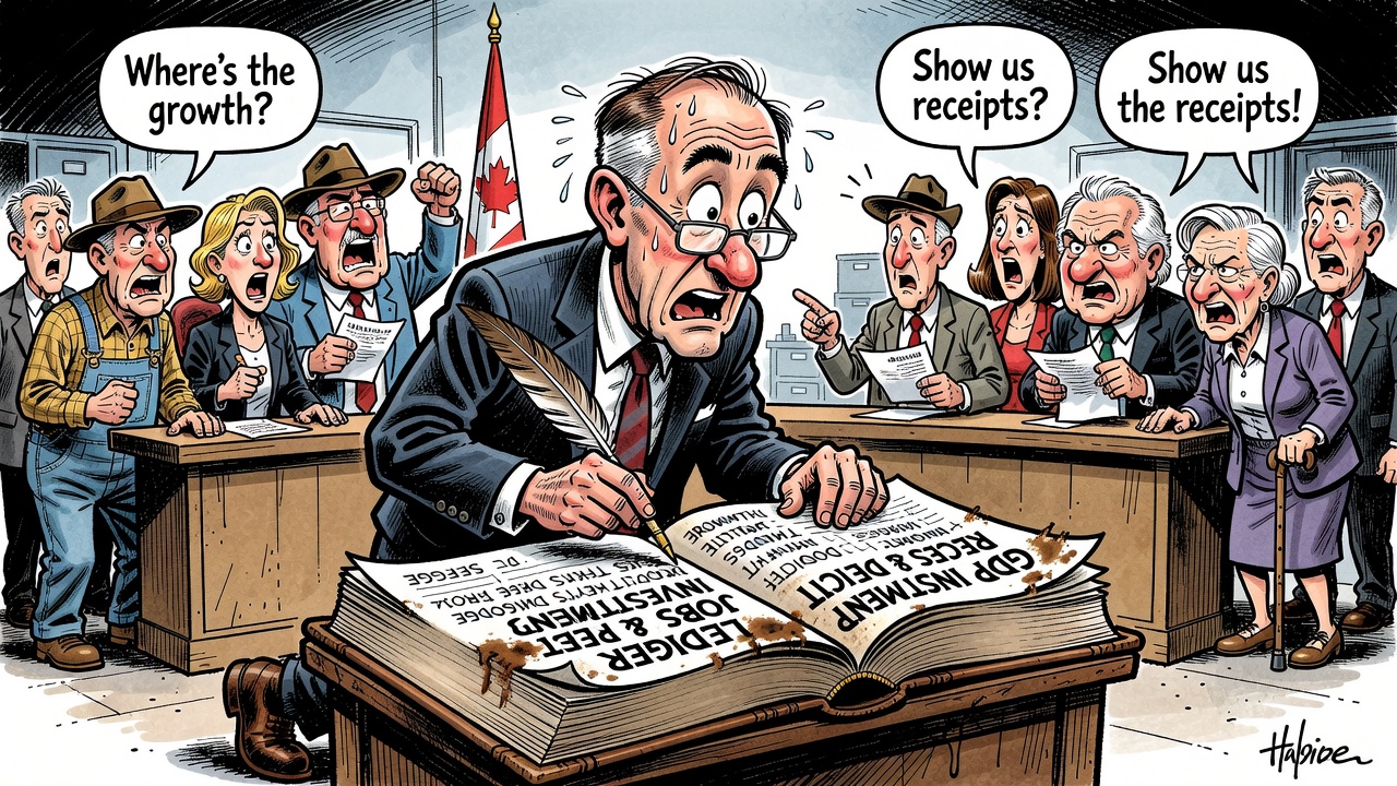Editorial cartoon showing Mark Carney with a downgraded growth chart while taxpayers demand a GDP, investment, jobs and deficit receipts ledger