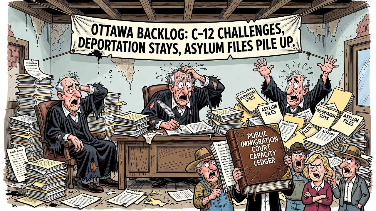 Editorial cartoon showing a Federal Court immigration backlog tower with judges working weekends while taxpayers demand filings, C-12 challenges, deportation stays and asylum backlog receipts