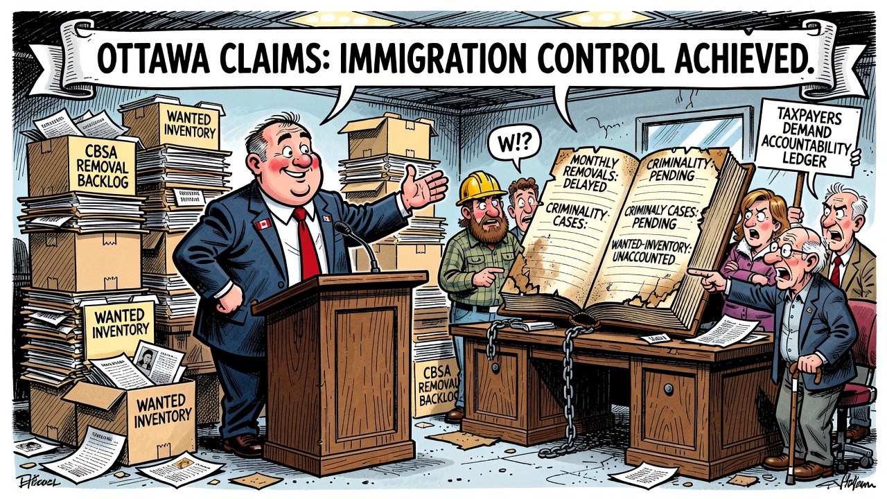 Editorial cartoon showing a CBSA removals backlog board with a large wanted inventory while taxpayers demand monthly enforcement receipts.