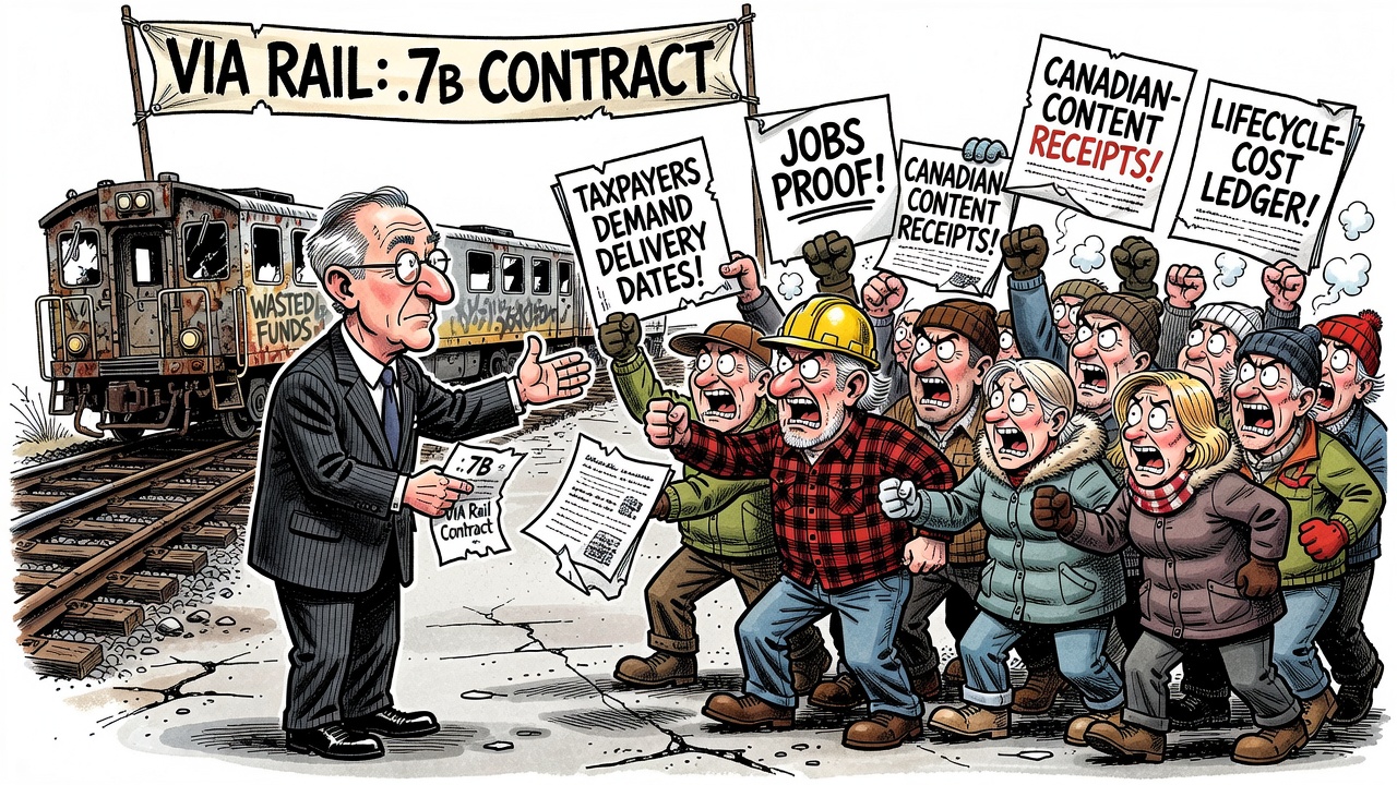Editorial cartoon showing a VIA Rail passenger-car deal with a $4.7 billion taxpayer ledger while Canadians ask for delivery, jobs and cost receipts